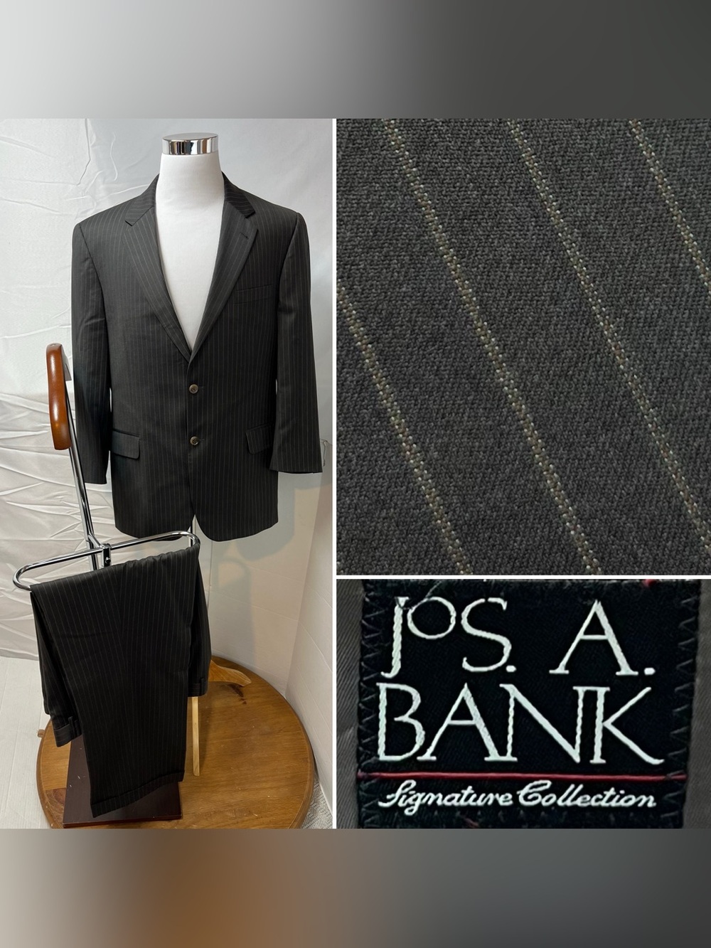 Jos. A. Bank Men's 44R Blazer 39x31 Pants Dark Taupe Brown Wool Pinstripe Suit